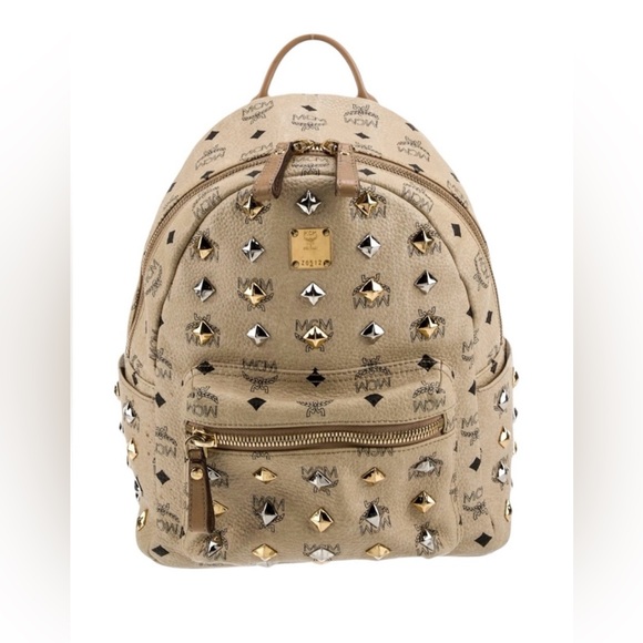 MCM Handbags - MCM Beige Visetos Silver and Gold Pyramid Studded Backpack